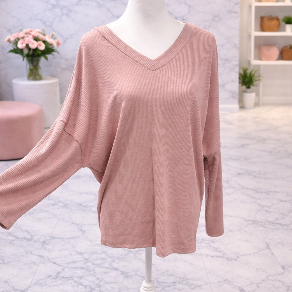 White Birch Blush Ribbed Dolman Top Ruched Back Boutique M NWOT Soft